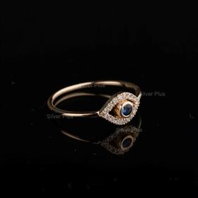 Genuine Blue Sapphire Diamonds Solid 14K Yellow Gold Evil Eye Ring Jewelry
